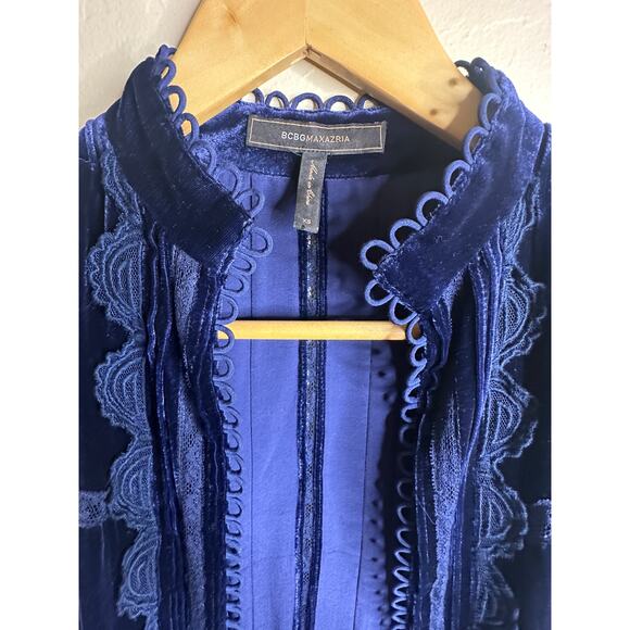 BCBGMaxAzria Blue Velvet and Silk Blend Wrap Jacket Vintage Inspired - Picture 5 of 8